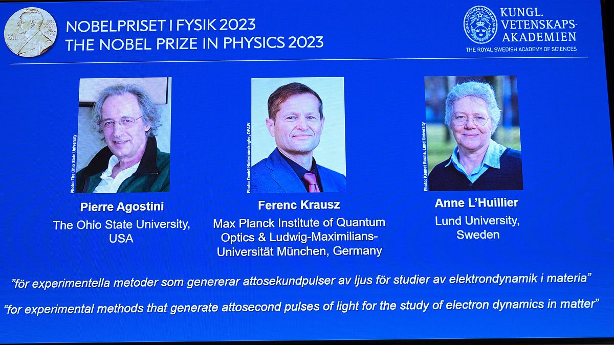 صورة للباحثين الثلاثة الذين مُنحوا جائزة نوبل للفيزياء لعام 2023