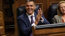 Acting Prime Minister Pedro Sanchez applauds at the Spanish parliament's lower house in Madrid, Spain on Friday, Sept. 29, 2023. 