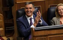 Acting Prime Minister Pedro Sanchez applauds at the Spanish parliament's lower house in Madrid, Spain on Friday, Sept. 29, 2023. 