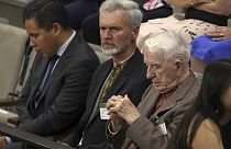  Yaroslav Hunka, right, waits for the arrival of Ukrainian President Volodymyr Zelenskyy in the House of Commons in Ottawa, Onatario, Friday, Sept. 22, 2023.