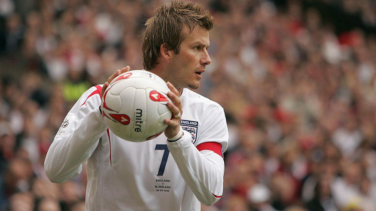 David Beckham of England in a World Cup European group 6 qualifier against Northern Ireland at Old Trafford Stadium, Manchester, England, on March 26, 2005.