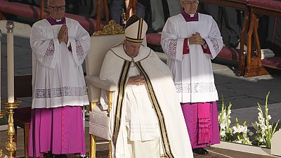 Pope Francis presides over mass to open the Synod of Bishops in St. Peter's Square at The Vatican, Wednesday, Oct.4, 2023
