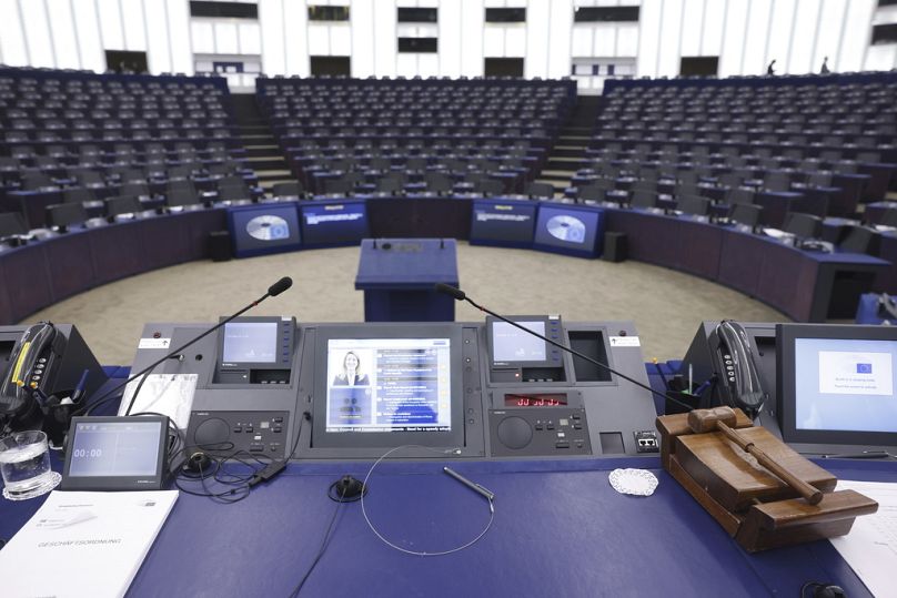 View of the European Parliament president Roberta Metsola's desk in Strasbourg, October 2023