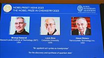 تم تسليم جائزة نوبل في الكيمياء للعلماء منجي الباوندي ولويس بروس وأليكسي إكيموف على "اكتشاف وتطوير النقاط الكمومية.