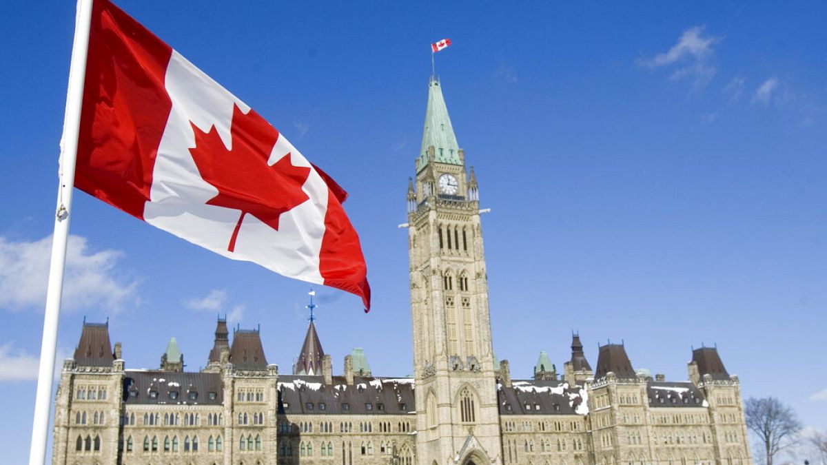 العلم الكندي يرفرف فوق مبنى البرلمان في أوتاوا يوم الجمعة، 15 فبراير 2008.