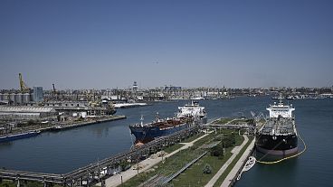 Ships are docked in the Black Sea port of Constanta, Romania, Tuesday, June 21, 2022. 