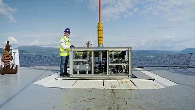 Image shows a worker posing next to Waterise's deep water desalination unit that can turn seawater into clean, drinkable water.