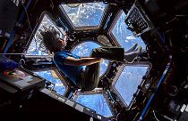 ESA astronaut Samantha Cristoforetti in the cupola of the ISS