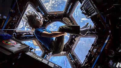 ESA astronaut Samantha Cristoforetti in the cupola of the ISS