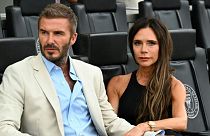 David et Victoria Beckham, avant le match de football de la Coupe des ligues entre l'Inter Miami CF et l'Atlanta United FC en Floride, le 25 juillet 2023.