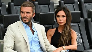 David et Victoria Beckham, avant le match de football de la Coupe des ligues entre l'Inter Miami CF et l'Atlanta United FC en Floride, le 25 juillet 2023.