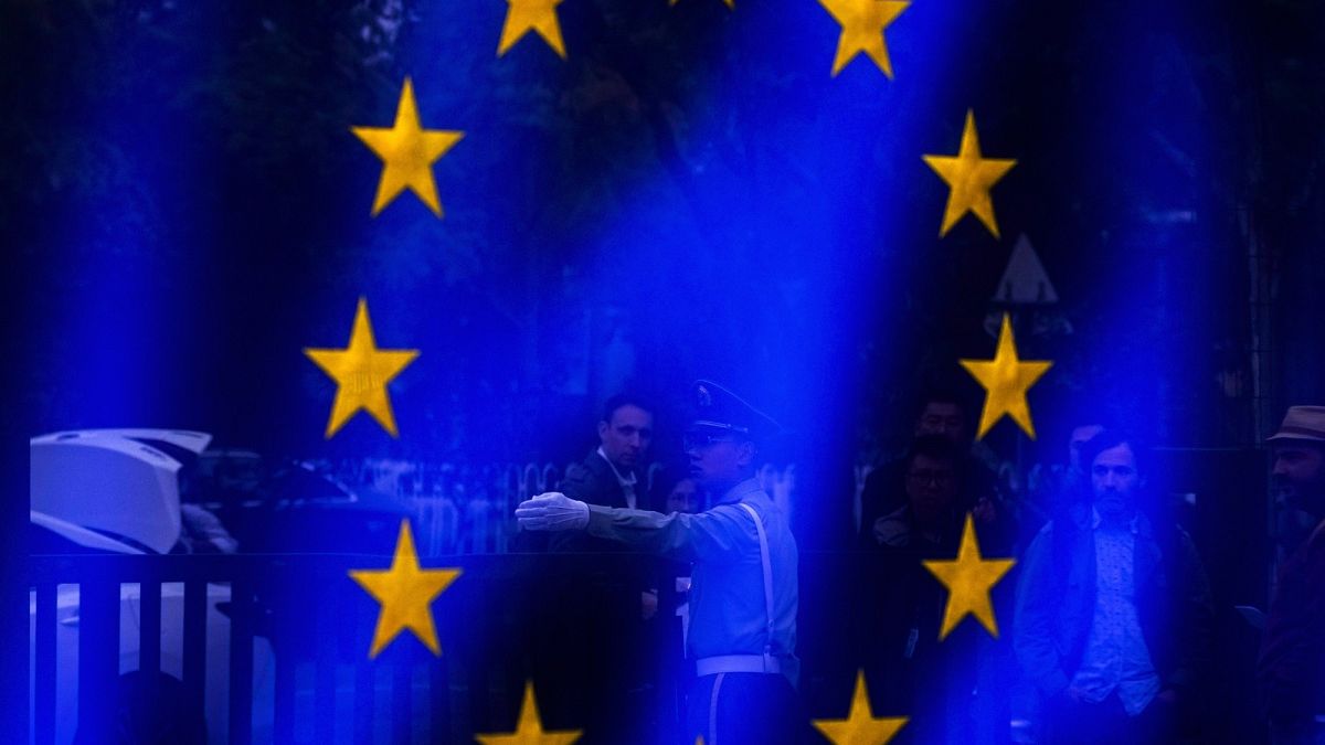 A European flag at the Delegation of the European Union to China in Beijing, Sept. 26, 2023. 