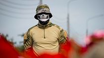 A fighter of the Wagner private military force in St. Petersburg, Russia, Thursday, Aug. 24, 2023. 
