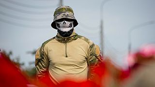 A fighter of the Wagner private military force in St. Petersburg, Russia, Thursday, Aug. 24, 2023. 