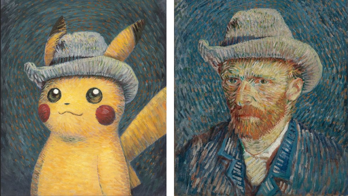 "Pikachu with Grey Felt Hat" by Naoyo Kimura, an illustrator of Pokemon trading cards since 2001, alongside its inspiration, Van Gogh's "Self-Portrait with Grey Felt Hat".