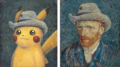 "Pikachu with Grey Felt Hat" by Naoyo Kimura, an illustrator of Pokemon trading cards since 2001, alongside its inspiration, Van Gogh's "Self-Portrait with Grey Felt Hat".
