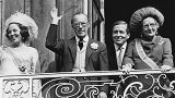 Princess Beatrix (L), Prince Bernhard, Prince Claus, and Queen Juliana, appear at the balcony of the Royal palace in The Hague, 21 September 1976