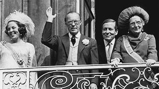 Princess Beatrix (L), Prince Bernhard, Prince Claus, and Queen Juliana, appear at the balcony of the Royal palace in The Hague, 21 September 1976