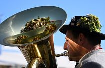 A brass musician plays his instrument during the the last day of the Oktoberfest beer festival in Munich, southern Germany, on October 3, 2023.