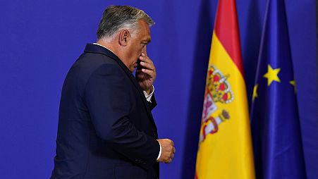 Премьер-министр Венгрии Виктор Орбан на саммите ЕС в Испании на фоне их флагов