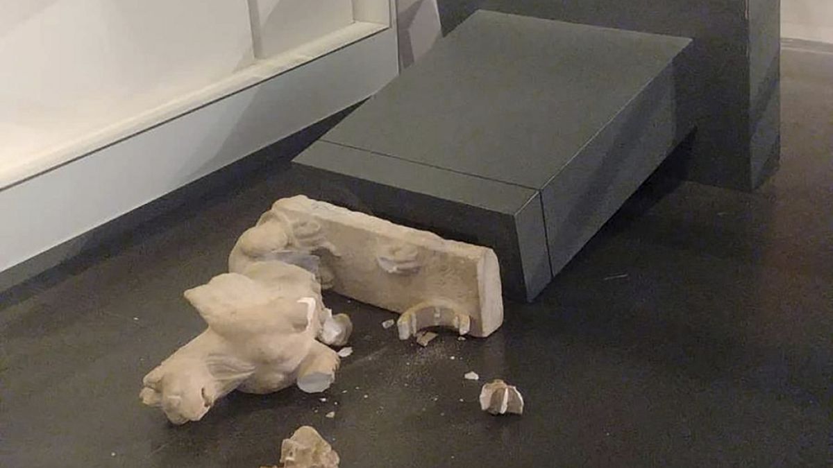 This image released by Israel Police shows an ancient Roman statue toppled at the Israel Museum in Jerusalem, Friday, Oct. 6, 2023