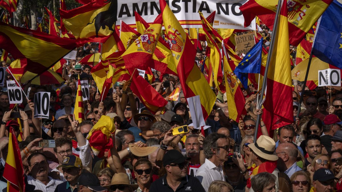Rally in Barcelona to protest plans to grant jailed Catalan separatists an amnesty, October 8th 2023