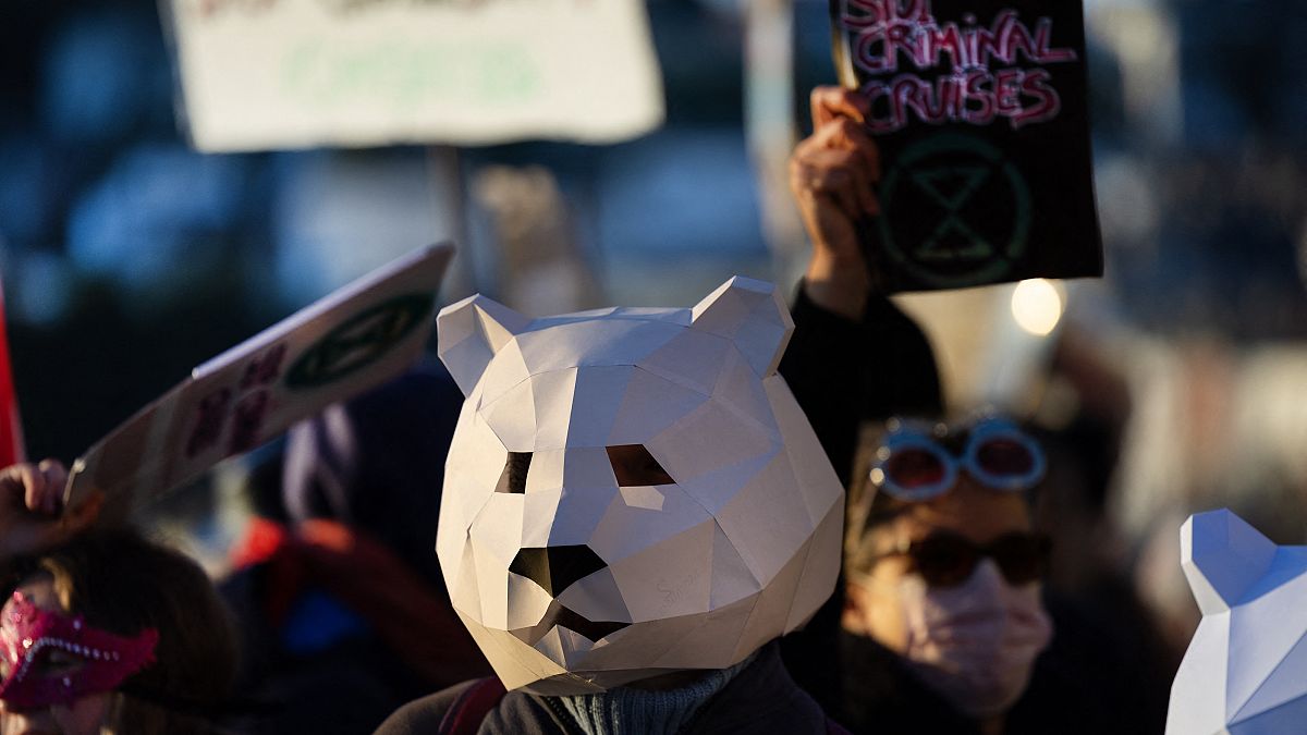 Ativista mascarado de urso polar, no porto de Douarnenez, no norte de França