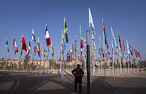 A member of the security forces stands guard outside a convention center hosting the IMF and World Bank annual meetings, in Marrakech, Morocco, Sunday, Oct. 8, 2023.