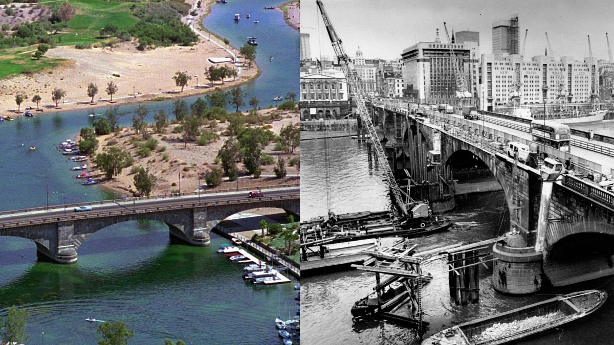 London Bridge seen in Lake Havasu City in 1994 (left) and being dismantled in London in 1968 (right).