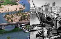 London Bridge seen in Lake Havasu City in 1994 (left) and being dismantled in London in 1968 (right).