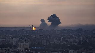 Smoke rises after the Israeli air strike in the Gaza Strip on Monday, Oct. 9, 2023