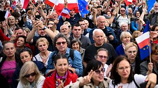 People cheers during a march to support the opposition against the governing populist Law and Justice party in Warsaw, Poland