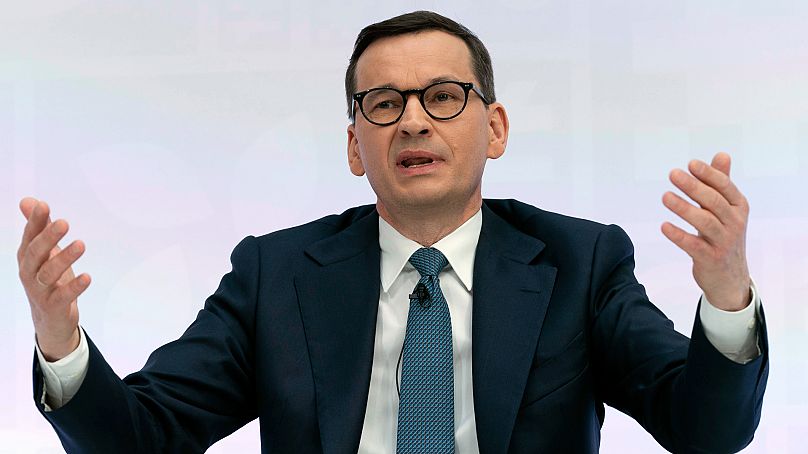 Polish Prime Minister Mateusz Morawiecki speaks at the forum Debate on the Global Economy during the World Bank/IMF Spring Meetings.