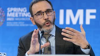 International Monetary Fund Director of the Research Department Pierre-Olivier Gourinchas speaks at a news conference during the World Bank/IMF Spring Meetings in Washington.