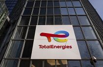 TotalEnergies' logo on the company's headquarters skyscraper in the La Defense business district in Courbevoie near Paris, France, Wednesday, March 1, 2023.