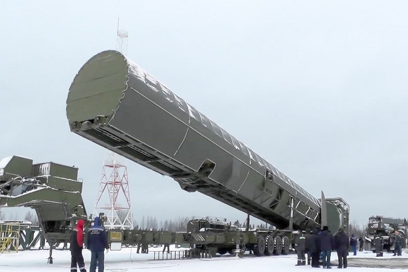 Russia's nuclear warhead-capable Sarmat intercontinental missile is shown at an undisclosed location, March 2018