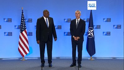 El secretario general de la OTAN, Jens Stoltenberg junto al secretaruio de Defensa d Estados Unidos Lloyd Austin