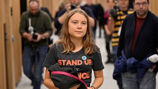 Swedish climate activist Greta Thunberg walks in Malmo district court, in Sweden, 11 October 2023.