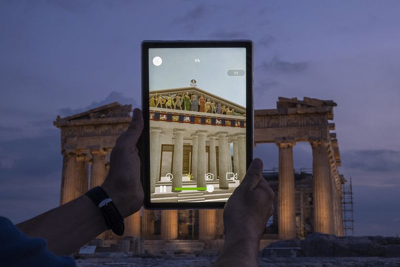 A virtual restoration of the Parthenon seen on an iPad. The Chronos app works from anywhere, sparing visitors the steep climb to the Acropolis.