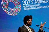 World Bank President Ajay Banga speaks on the second day of the annual meeting of the International Monetary Fund and the World Bank, in Marrakech, Morocco, 10 October 2023. 