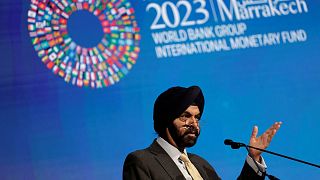 Weltbankpräsident Ajay Banga spricht am zweiten Tag der Jahrestagung des Internationalen Währungsfonds und der Weltbank in Marrakesch, Marokko, am 10\. Oktober 2023\. 