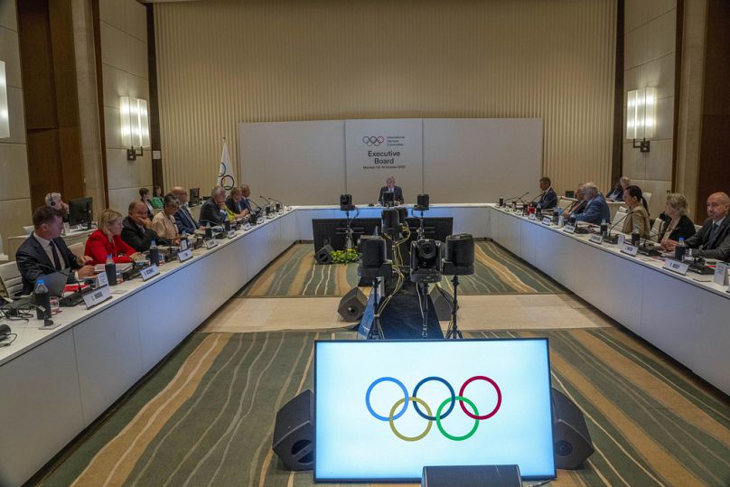 International Olympic Committee (IOC) president Thomas Bach, centre, speaks on the first day of the committee's 2023 executive board meeting.