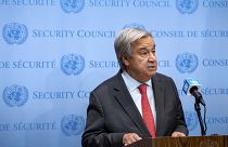 United Nations Secretary-General Antonio Guterres addresses the situation in Israel and Gaza during a news briefing at United Nations headquarters Friday, Oct. 13, 2023