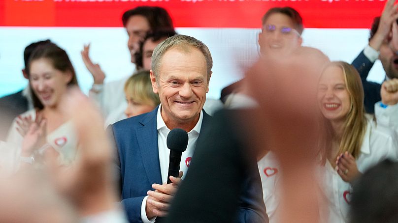 Donald Tusk, a former Polish prime minister addresses supporters at his party headquarters in Warsaw, Poland.