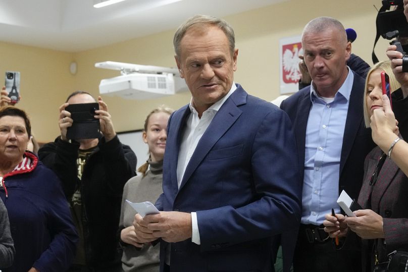 Poland's main opposition leader Donald Tusk prepares to cast his ballot during parliamentary elections in Warsaw, Poland, Sunday, Oct. 15, 2023.