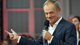 Donald Tusk, a former Polish prime minister addresses supporters at his party headquarters in Warsaw, Poland, Sunday, Oct. 15, 2023.