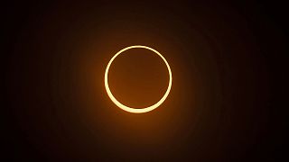 The "ring of fire" annular eclipse during the Albuquerque International Balloon Fiesta in Albuquerque, N.M., on Saturday, October 14, 2023.