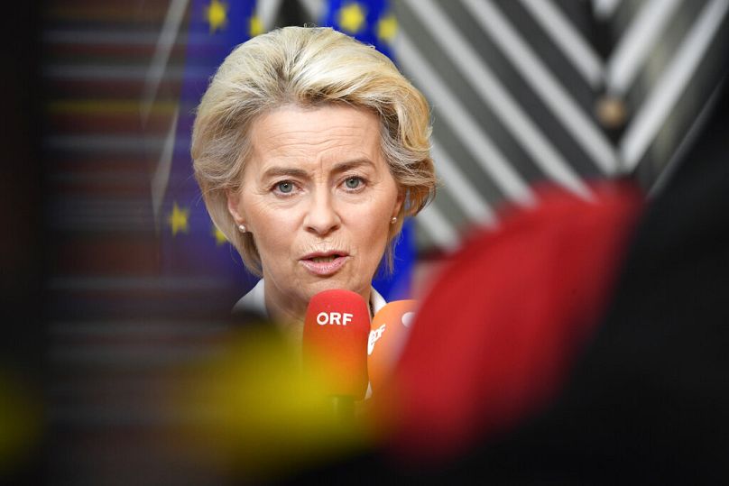 Ursula von der Leyen, President of the European Commission, speaks to media prior the extraordinary meeting of EU leaders, May 2022