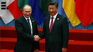 Russian President Vladimir Putin, left, shakes hands with Chinese President Xi Jinping before a group photo session for the G20 summit.