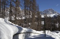 A view of the bobsled track in Cortina d'Ampezzo, Italy, Wednesday, Feb. 17, 2021.